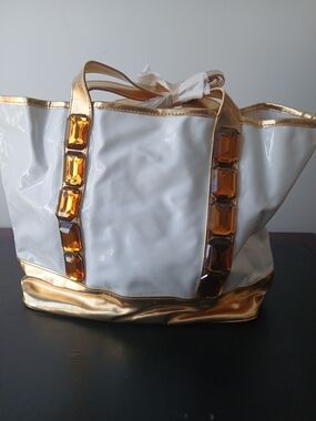 White and Gold Tote Bag with Amber Gem Trim